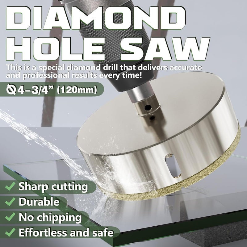 CSOOM 4-3/4"(120mm Diamond Hole Saw with Center Drill Bit, One-Touch Positioning, Easy to Penetrate Hard Materials Such as Ceramic, Tile, Glass, Granite, Marble, etc. - Image 3